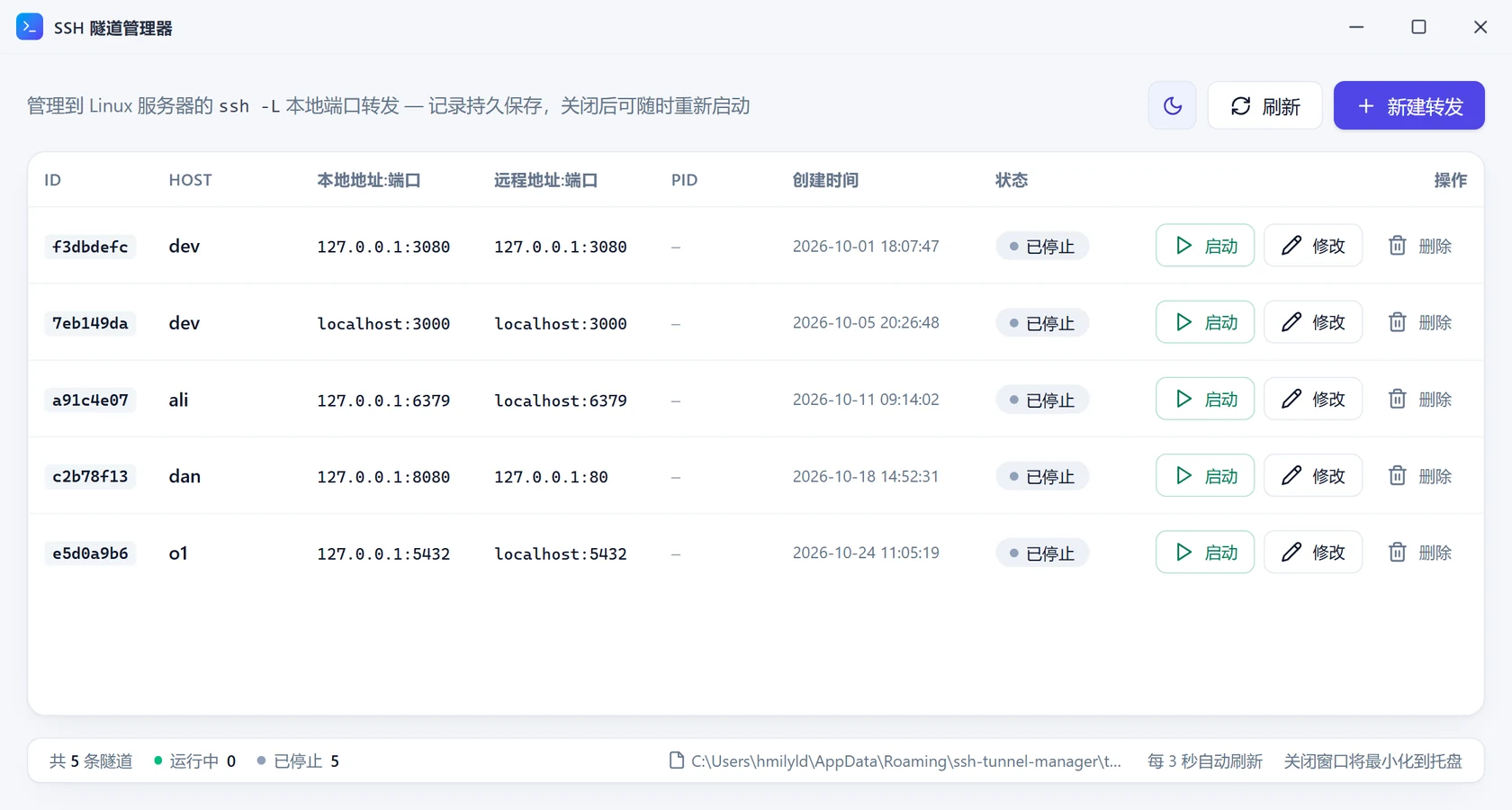 SSH 隧道管理器主窗口：隧道列表显示五条记录，状态均为已停止